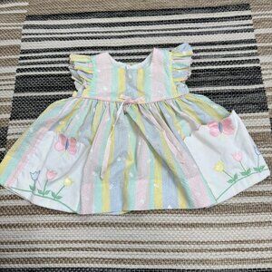 Vintage Baby Togs Baby Girl Pastel Stripes Cap Sleeve Butterfly Flower Dress 12M